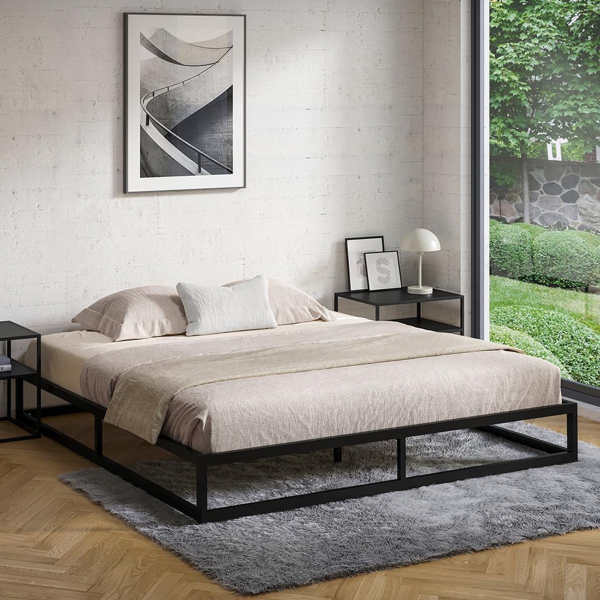 Bedframe 180x200 cm - Zwart metalen ledikant met spiraalbodem - 185x202x25 cm - Industrohome