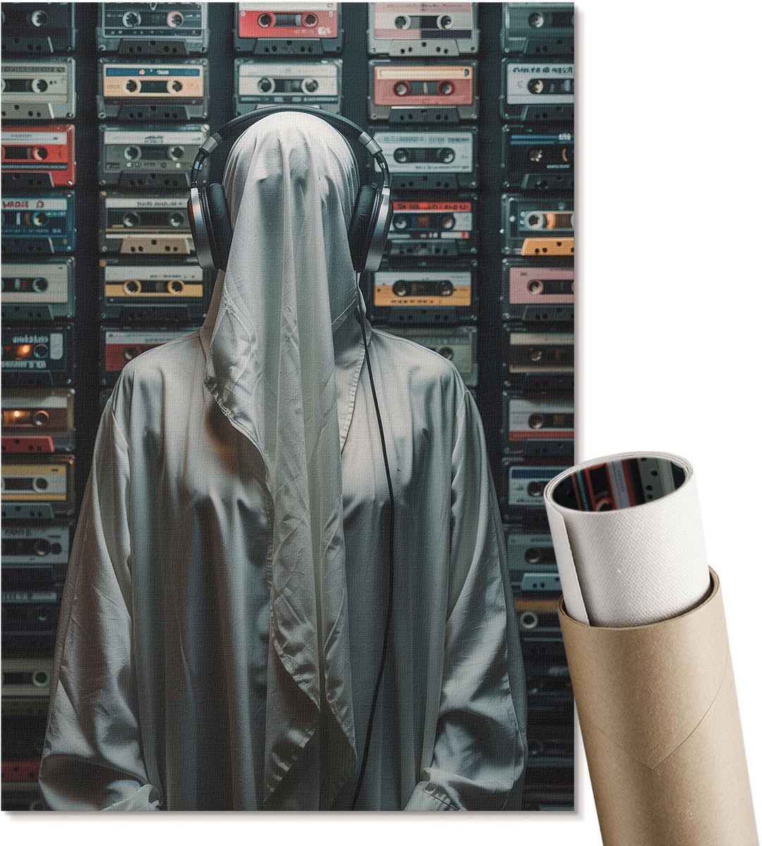 Coloray Polycanvas Wandposter - Cassettes En Muziek, Illustratie - A4 - Wit Decoratie - Rechthoek - Canvasposter - Woonkamer, Slaapkamer, Kantoor - Modern