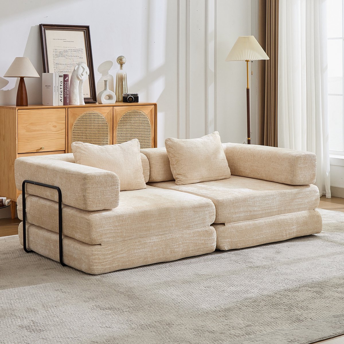 OKWISH Slaapbank - 2-Zits Opvouwbare Vloerbank - Met Chenille Bekleding, Zonder Montage - Voor Woonkamer, Slaapkamer en Logeerkamer - Beige