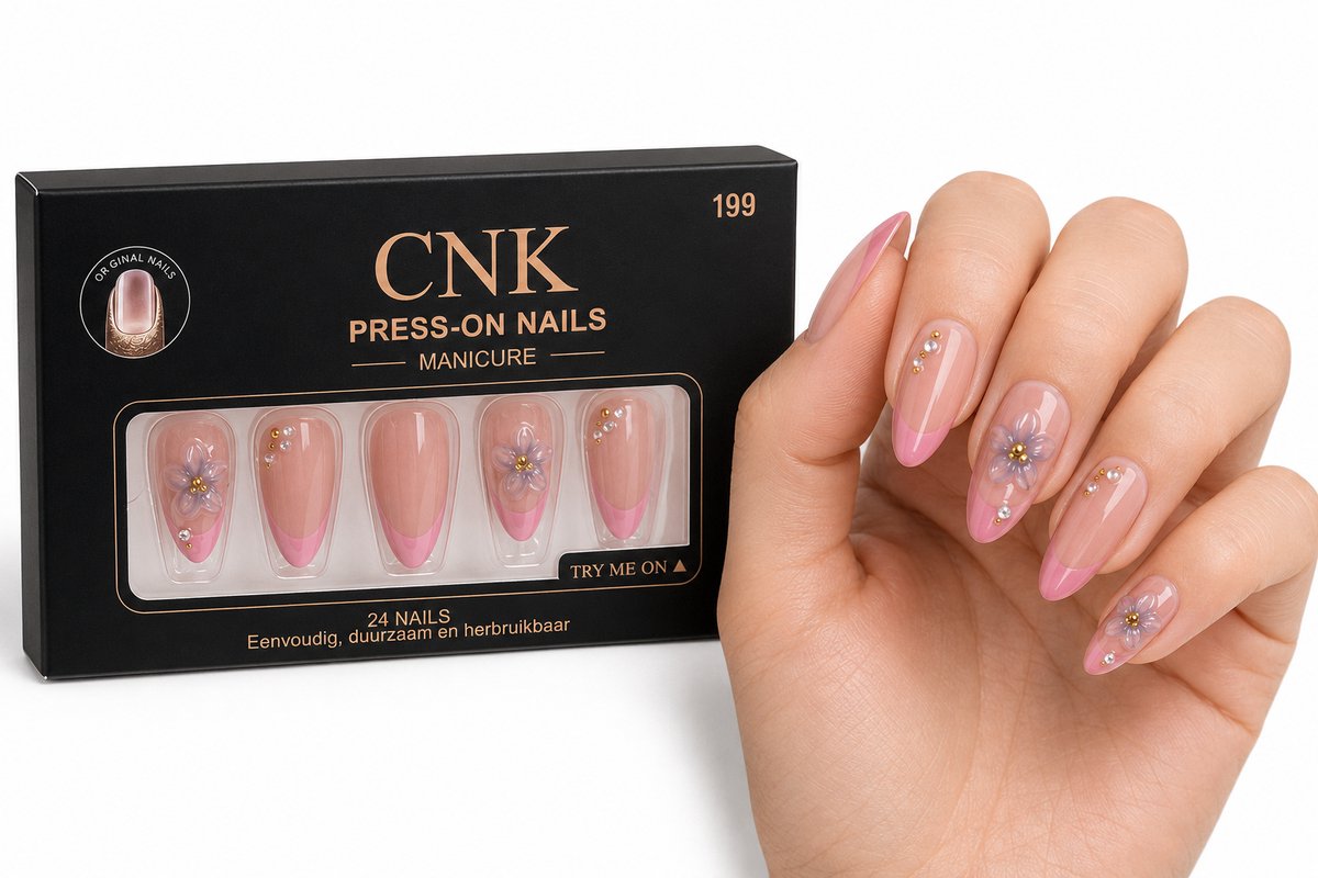 CNK 199 Press On Nails - Plaknagels - 24 Kunstnagels met Nagellijm, 24 Zelfklevende Plakstickers, Cleaner Wipe, Nagelvijl, Woodstick & Size Matcher - Nepnagels voor 7-14 Dagen - Herbruikbare Press-On Nagels - Starterspakket voor Manicure & Nail Art