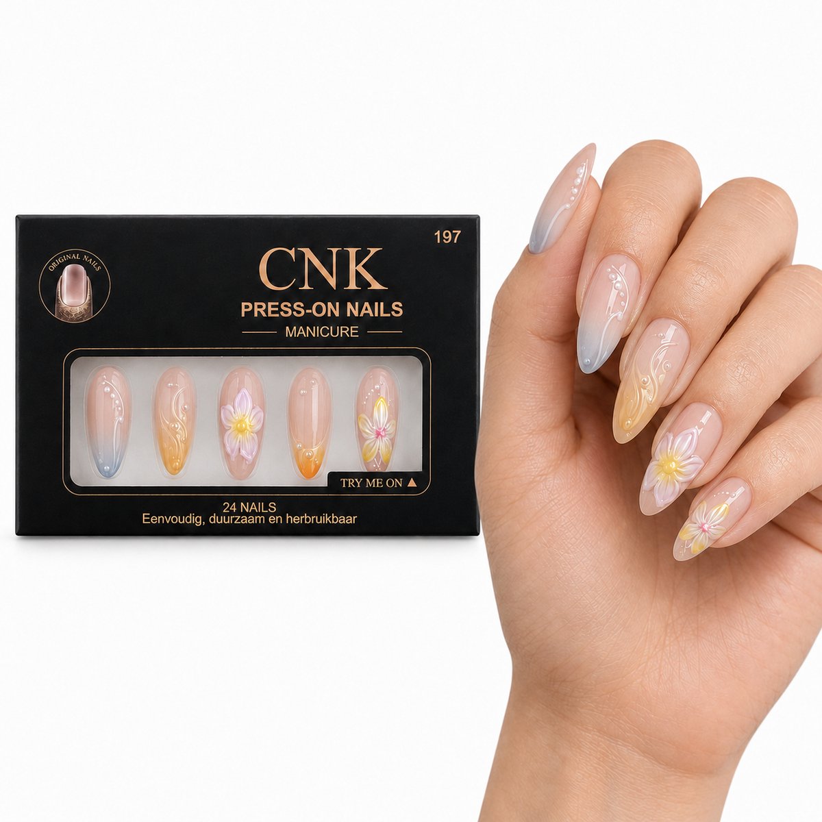 CNK 197 Press On Nails - Plaknagels - 24 Kunstnagels met Nagellijm, 24 Zelfklevende Plakstickers, Cleaner Wipe, Nagelvijl, Woodstick & Size Matcher - Nepnagels voor 7-14 Dagen - Herbruikbare Press-On Nagels - Starterspakket voor Manicure & Nail Art