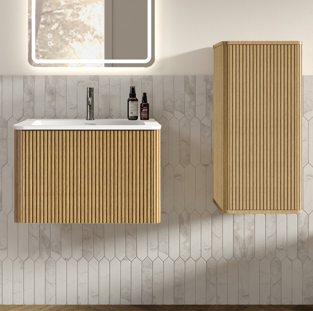 FloraGrace Badkamer Wastafelset - Wandhangend Met Onderkast En Zijkast - Modern Design Voor Badkamer En Gastentoilet - Eiken - 60 Cm