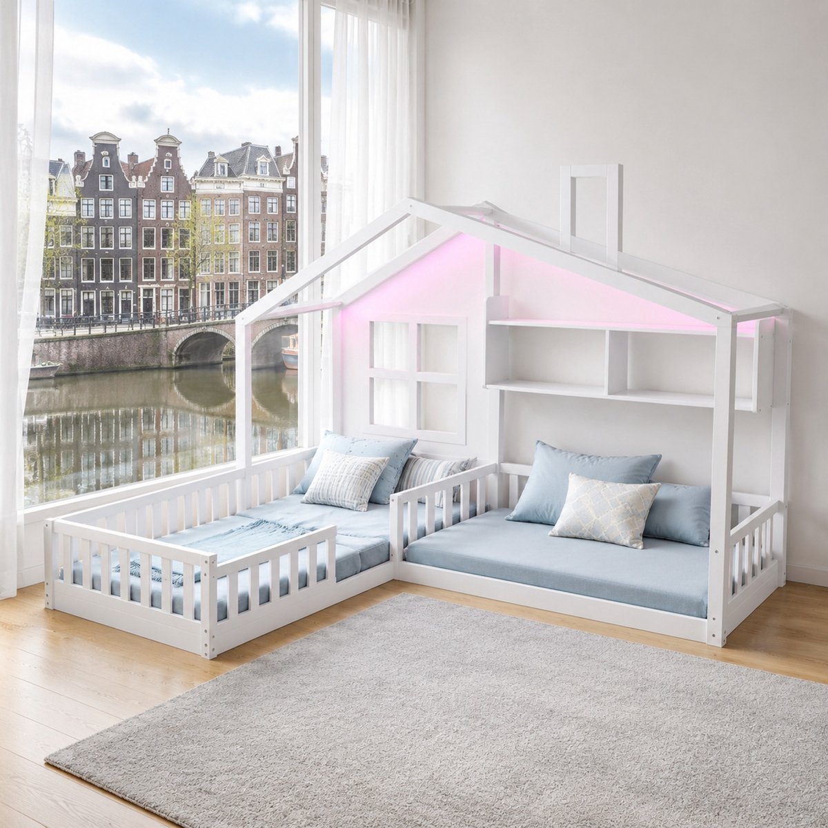 WUVRIE Huisbed 90x200 cm met LED, opbergruimte en veiligheidshekje, wit