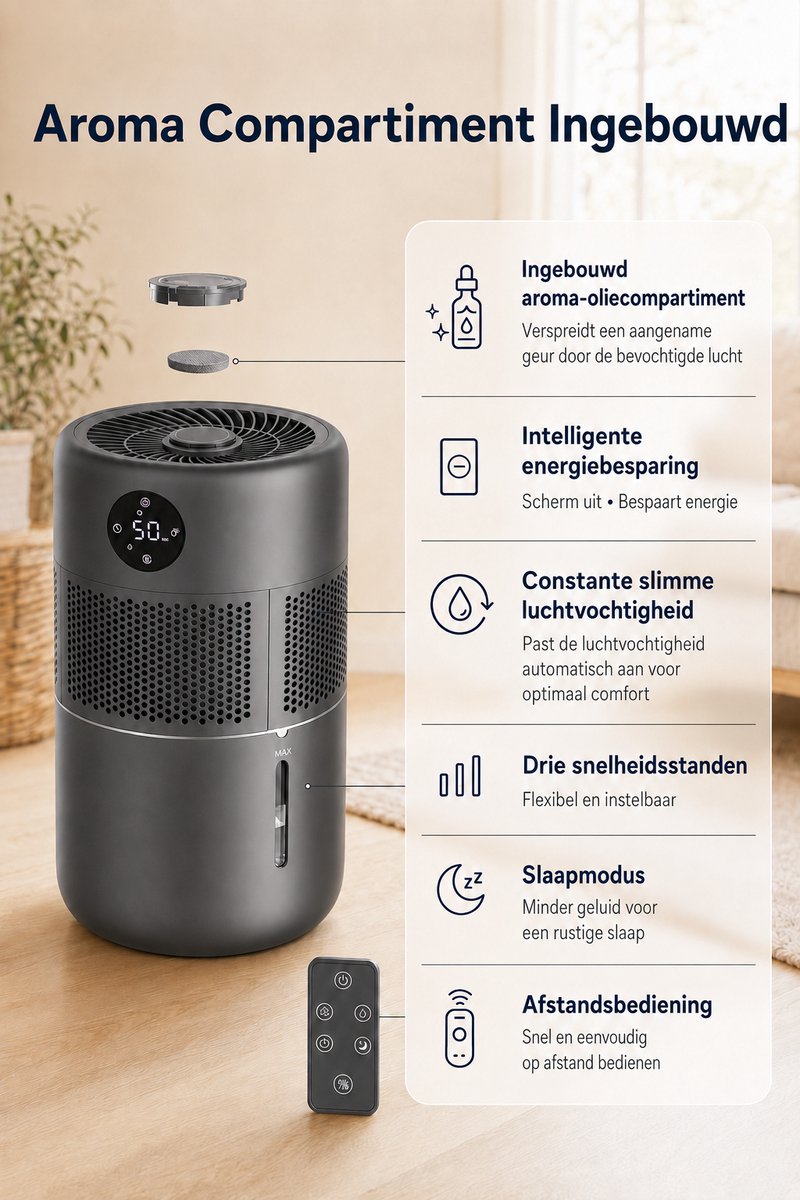 JC's - Luchtbevochtiger - luchtbevochtigers en luchtreiniger 3 in 1 - Aromatherapie - 5 Liter - Wifi - UVC lamp - Top Filling - Humidifier - Woonkamer, Slaapkamer, Kantoor, Babykamer - Hygrometer thumbnail 5