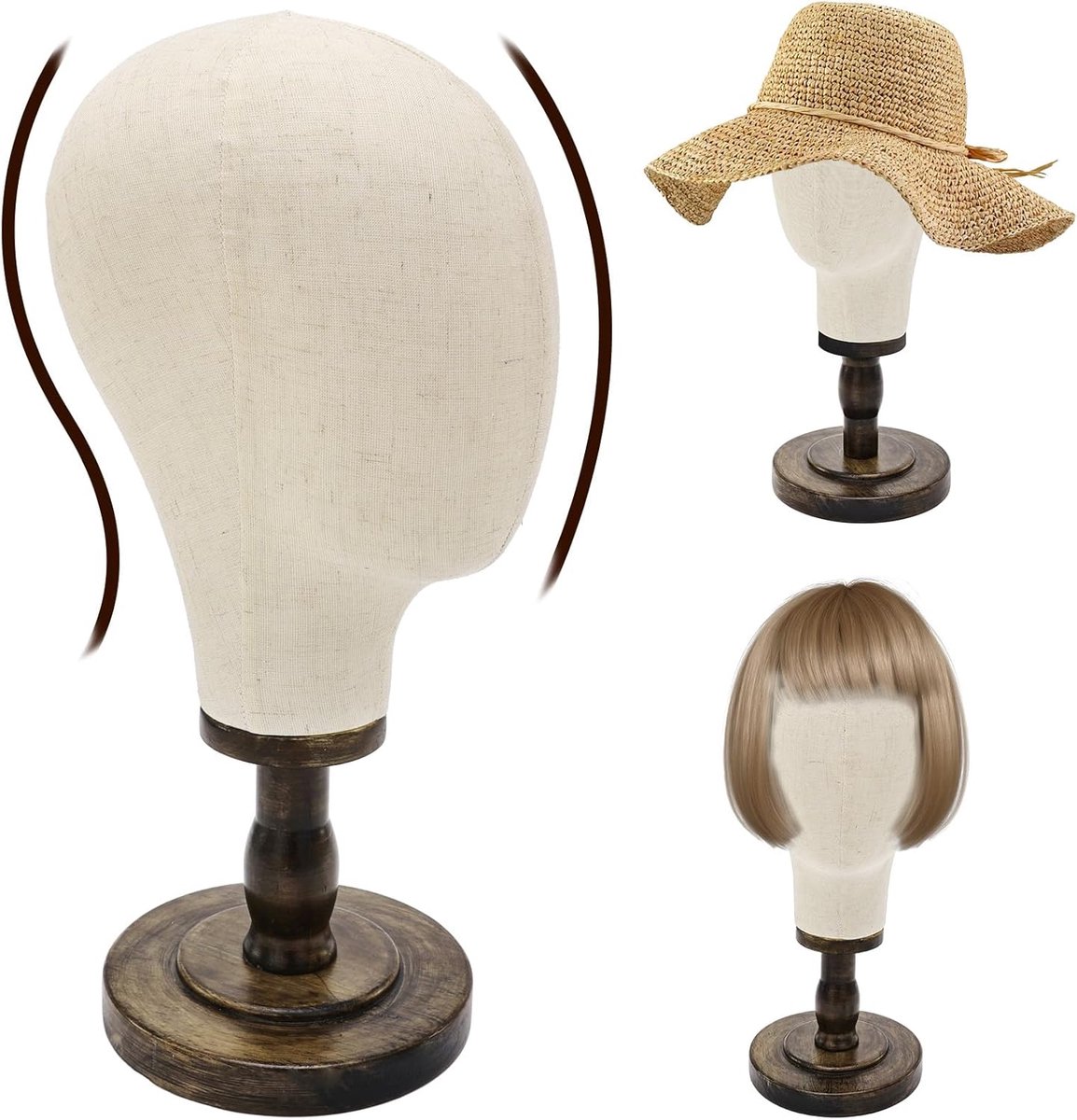 Pruikenstandaard met Mannequinhoofd – Hoedenstandaard voor Pruiken, Hoeden en Hoofddeksels – Mannequin Hoofd met Houten Voet – Displaystandaard voor Salon, Winkel, Etalage en Thuis – Beige