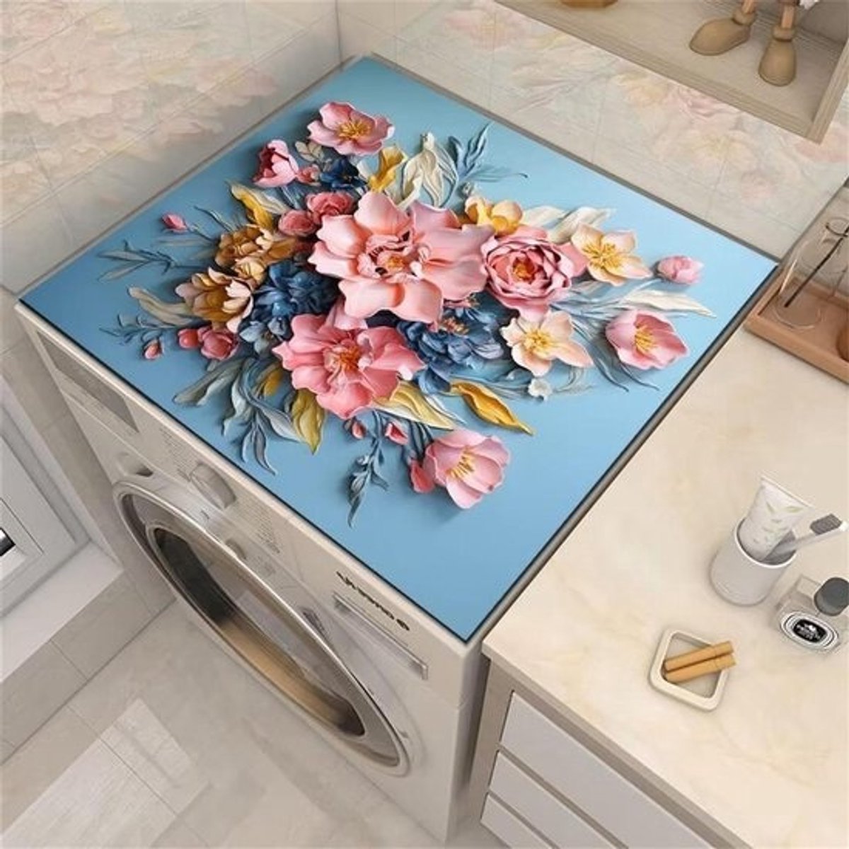 Wasmachine Droger Topmat - Apparaat Beschermhoes - Apparaten Beschermen - Snel Absorberend Sneldrogend - 60 x 60 cm - Geel Bladpatroon