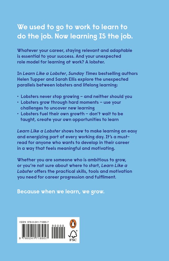 Boekomslag van 'Learn Like a Lobster' met blauwe achtergrond en witte tekst. De tekst beschrijft de voordelen van levenslang leren.