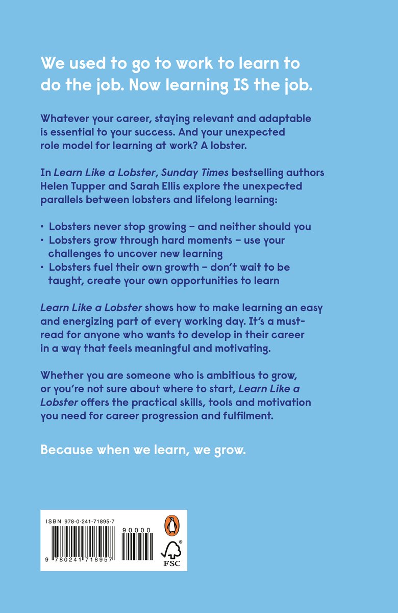 Boekomslag van 'Learn Like a Lobster' met blauwe achtergrond en witte tekst. De tekst beschrijft de voordelen van levenslang leren.