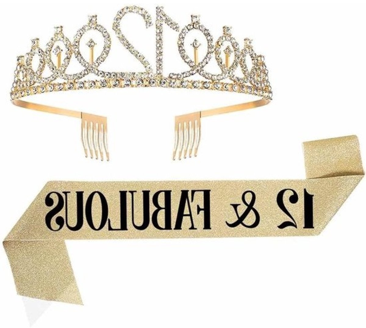 Verjaardagskroon Sjerp Set - Tiara Verjaardag - Verjaardag Vieren - Kristallen Strass - 160 cm - Goud