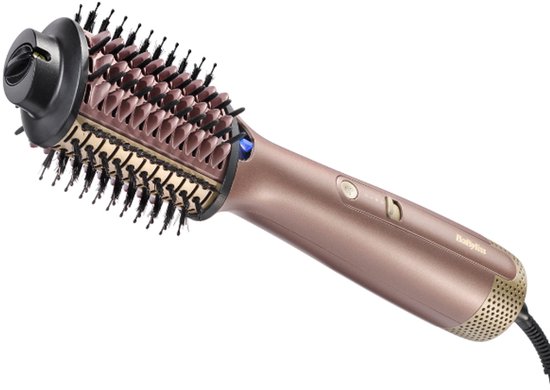 Rosegouden BaByliss airstyler met roterende borstels en zwarte haren.