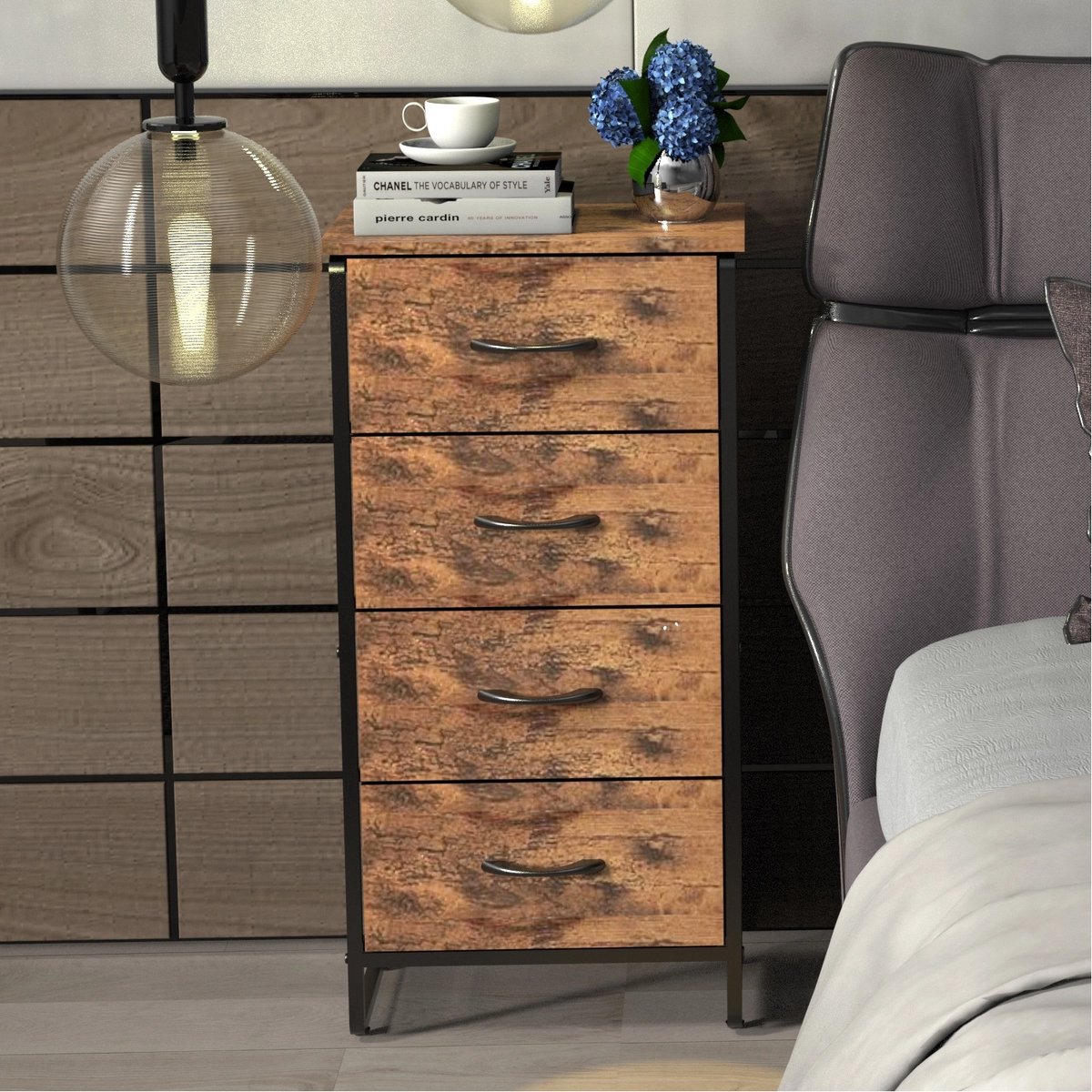 Opbergkast 4 lades staal frame opbergmeubel houtlook stof lades kast 45 x 30 x94 cm dressoir voor slaapkamer woonkamer antikantel ontwerp