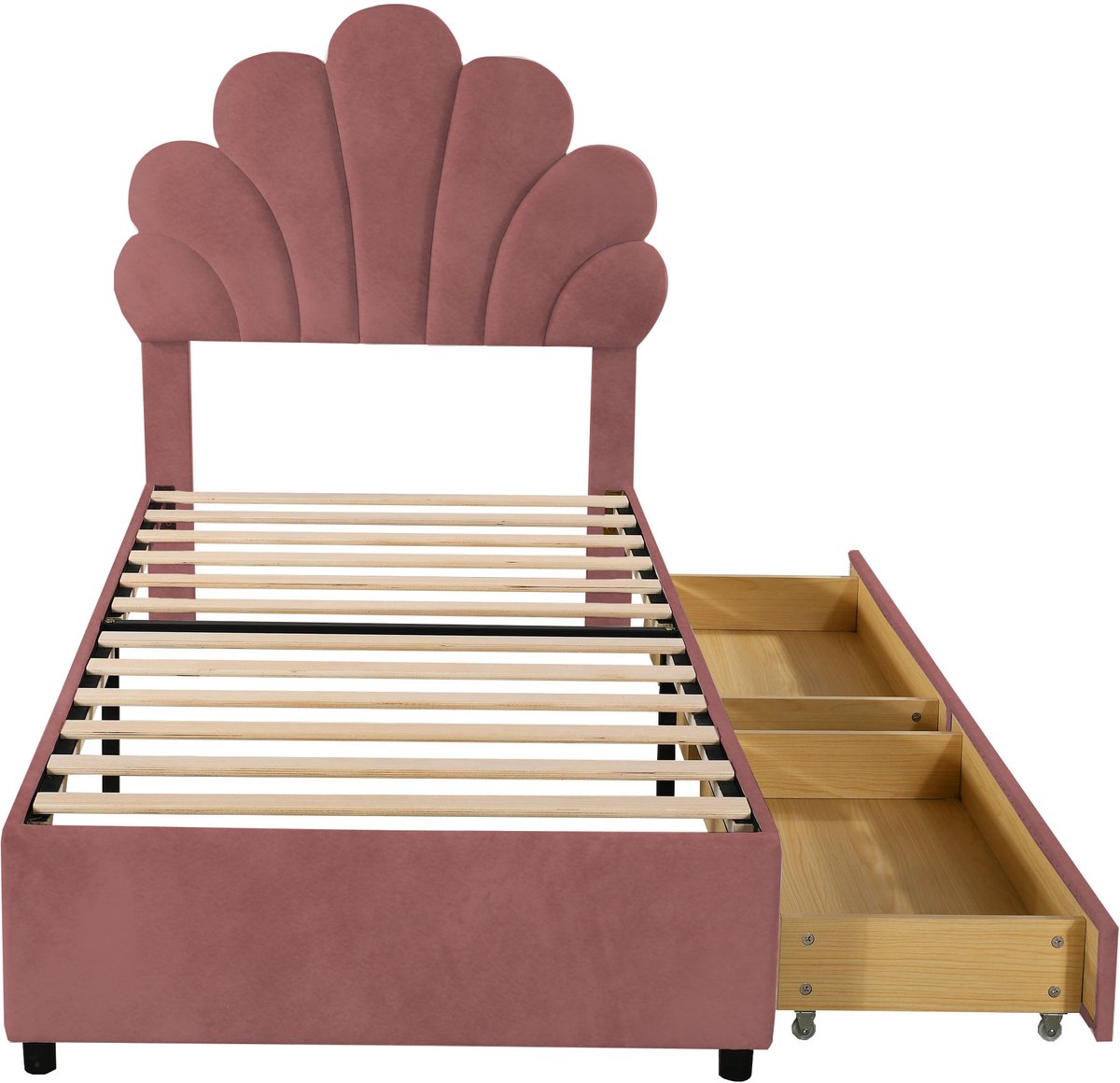 MUVANO Gestoffeerd Bed Met Lades - Roze Kinderbed 90x200 - Fluwelen Eenpersoonsbed - Met Bloemvormig Hoofdbord - 90x200 cm - Opbergruimte - Slaapkamer Roze