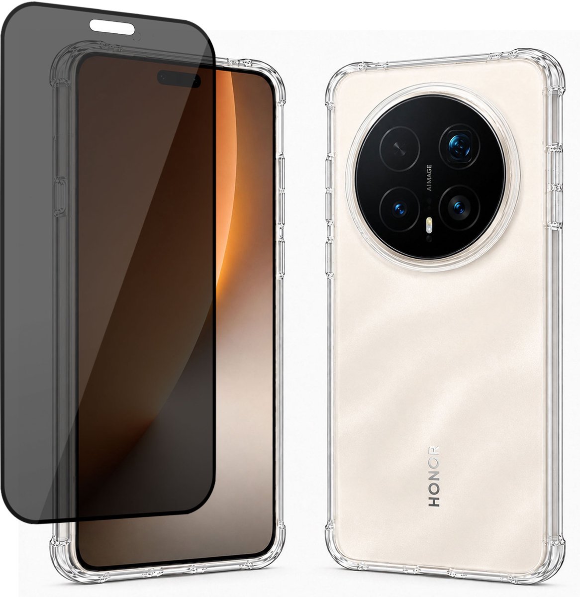 Hoesje + Privacy screenprotector geschikt voor Honor Magic 8 Pro - Luchtkussens - Siliconen Hoes - Gehard Glas - Transparant