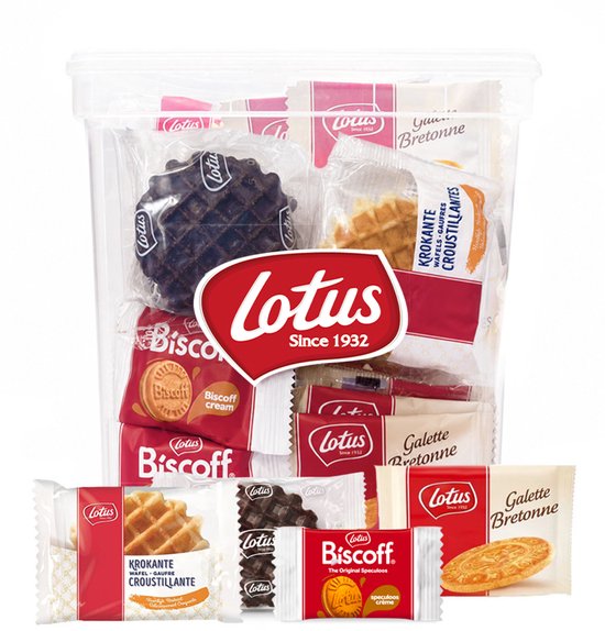 Lotus verpakte koekjes 758g - 66 stuks - Snackbox met Krokante Wafels vanille & chocolade, Bretons Botergaletje & gevulde Biscoff speculoos