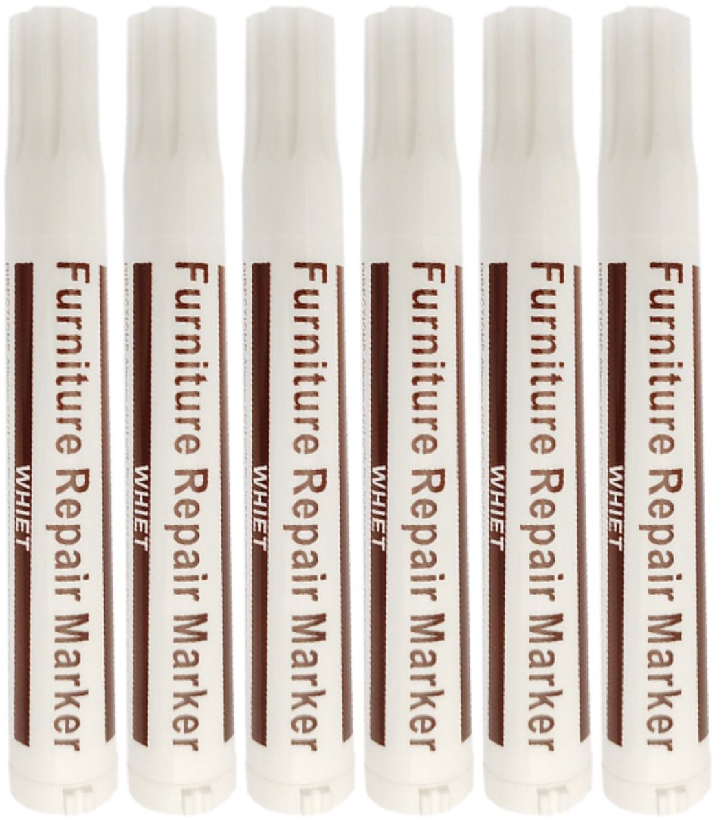 Set van 6 meubelretoucheerstiften - Houtreparatiemarkers voor krassen, beschadigingen en vlekken White