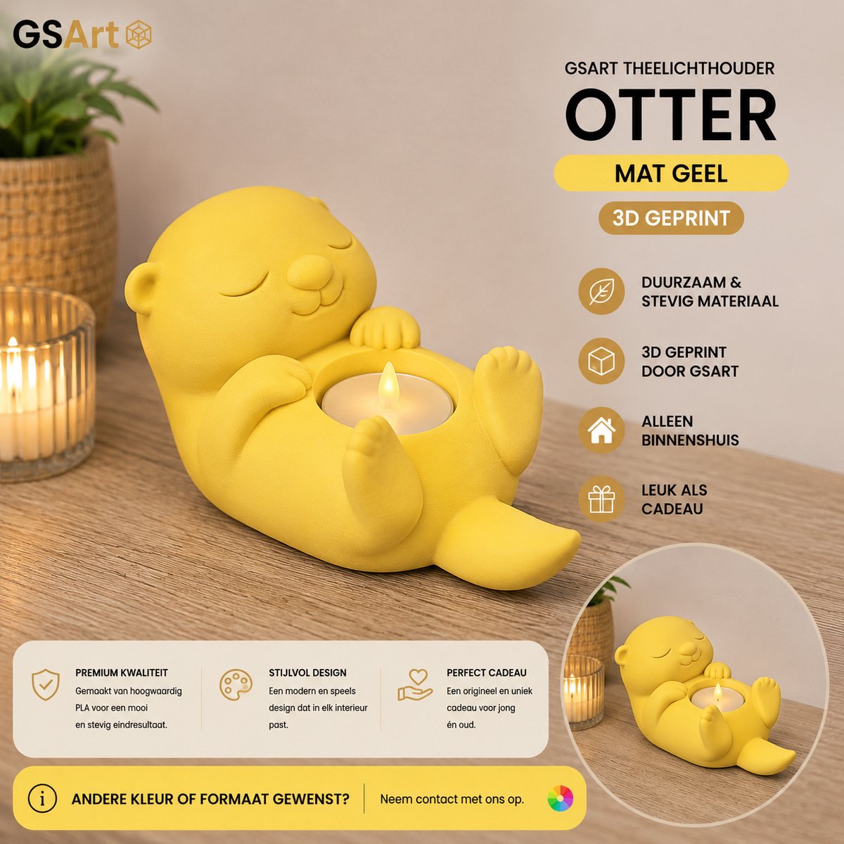 GSArt Theelichthouder Otter – Decoratieve Otter met LED Theelichtje – 3D Geprint - Mat Geel