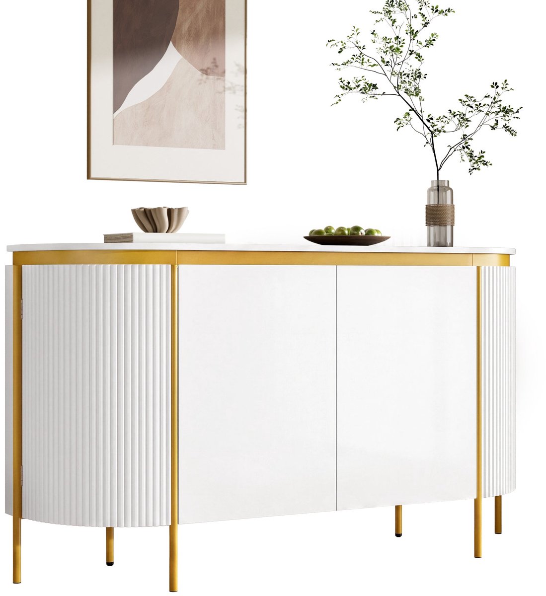 Merax Dressoir - Wit - 140 x 38 x 80 cm - 4 Deuren - Geribbelde Deurpanelen - Goudkleurige Details - Metalen Poten - Opbergkast voor Woonkamer en Eetkamer