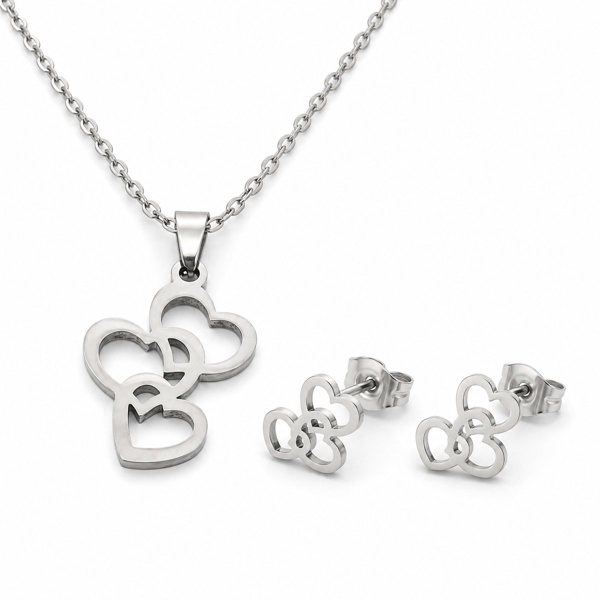 Stalen dames sieradenset met 3 hartjes – ketting 45 cm en bijpassende oorbellen geschenkset valentijn liefde