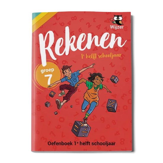 Oefenboek Rekenen groep 7 met springende kinderen te midden van cijfers en dobbelstenen.