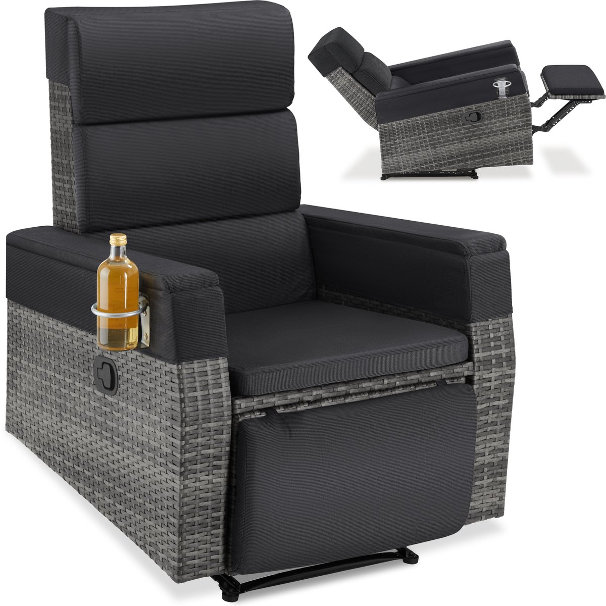 tectake® Wicker Loungestoel - Tuinstoel - Verstelbare Rugleuning - Stevig Aluminium Frame - Weerbestendig - Afneembare Kussens en Wasbare Hoezen - Met Drankhouder en Uitklapbare Voetensteun