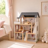 Houten Poppenhuis met Meubels - Dollhouse van Hout - Kinderspeelgoed voor Jongens en Meisjes - 79 Onderdelen en Accessoires - 70 cm - Beige