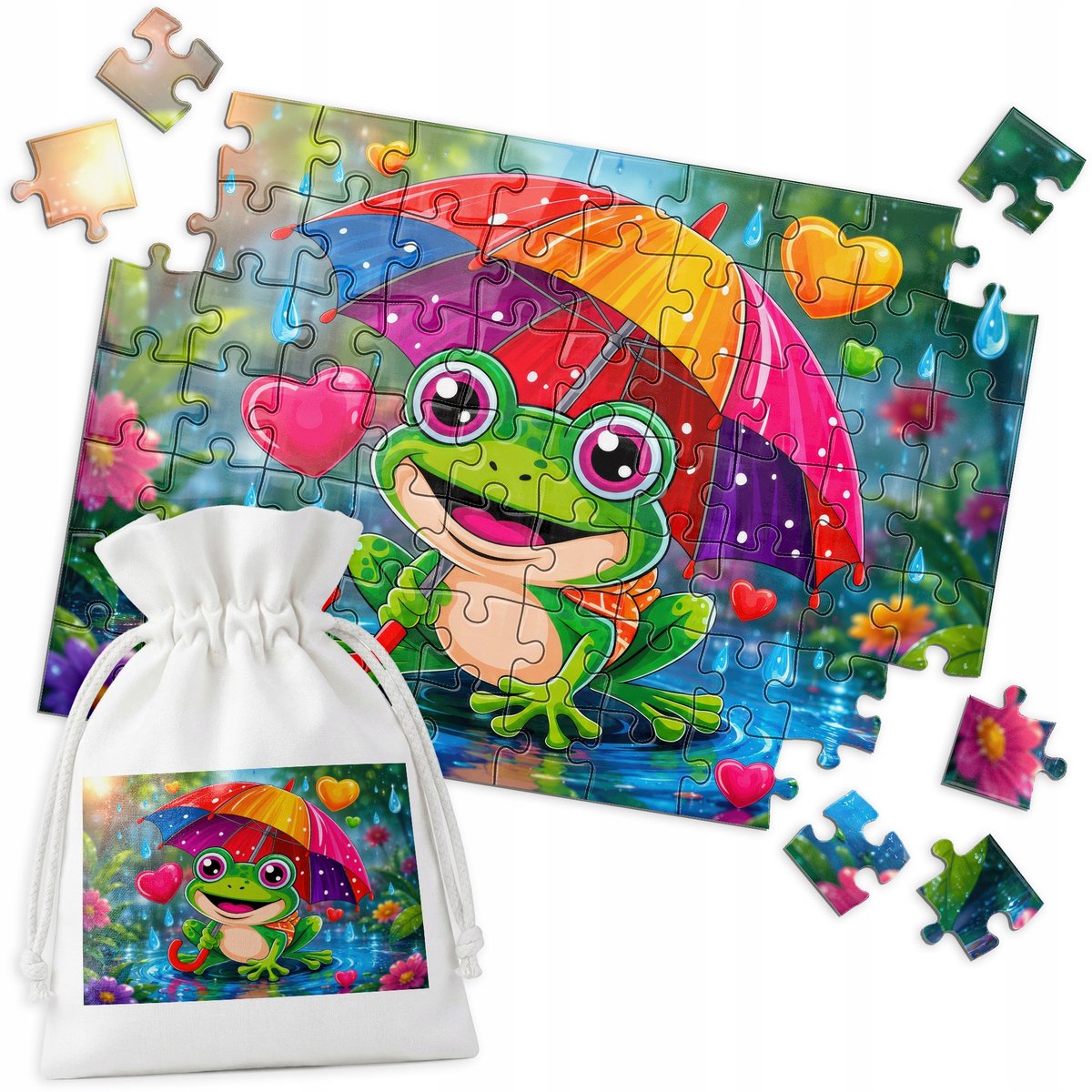 Traditionele Puzzel - Kikker met Parasol - 70 Stukjes