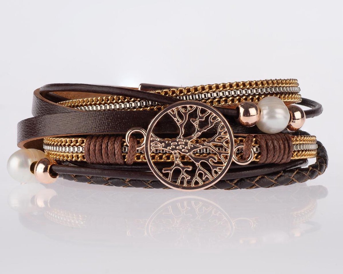 Armband dames Levensboom - Wikkelarmband leer - Galeara design Life -Bruin 20.5cm
