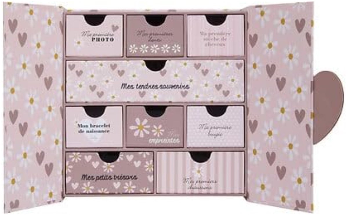 WEB2O Baby Herinneringendoos - 9 Laden - Roze - Hartjes en Bloemen