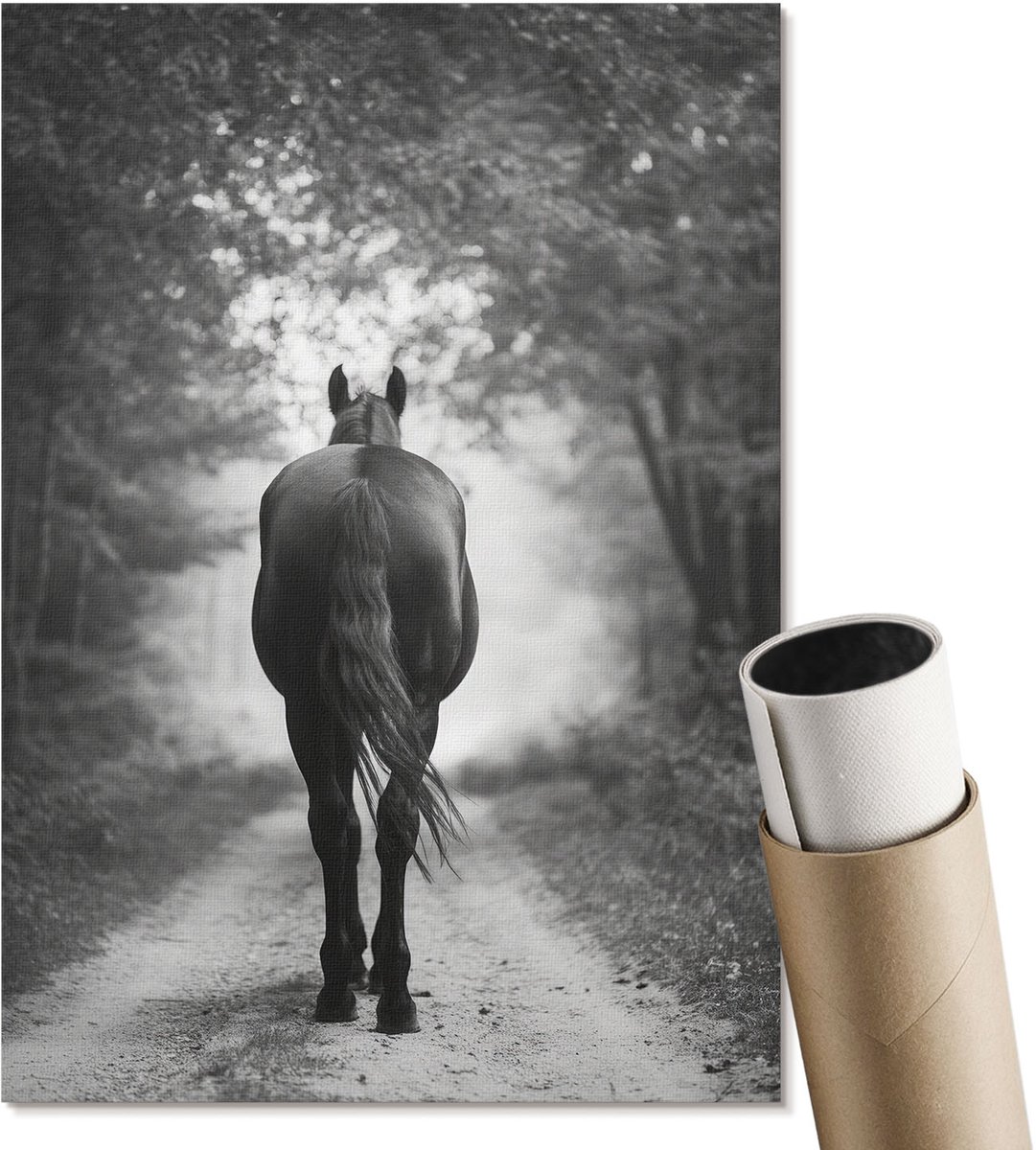 Coloray Polycanvas Wandposter - Een Paard In Het Bos, Fotografie - A4 - Zwart-wit Decoratie - Rechthoek - Muurkunst - Woonkamer, Slaapkamer, Kantoor - Klassiek