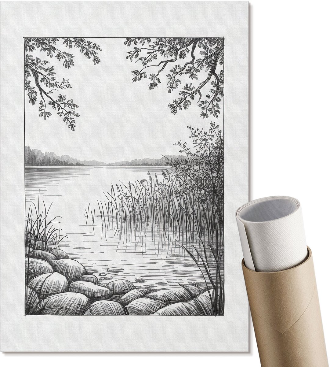 Coloray Polycanvas Wandposter - Schets Van Het Meer, Illustratie - A4 - Zwart-wit Kunst - Rechthoek - Wandkunstwerk - Woonkamer, Slaapkamer, Kantoor - Klassiek