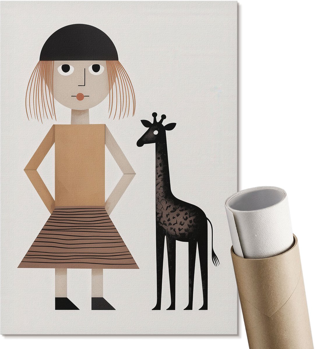 Coloray Polycanvas Poster - Meisje Met Een Giraffe, Illustratie - A4 - Beige Motief - Rechthoek - Decoratieve poster - Woonkamer, Slaapkamer, Kantoor - Kinder