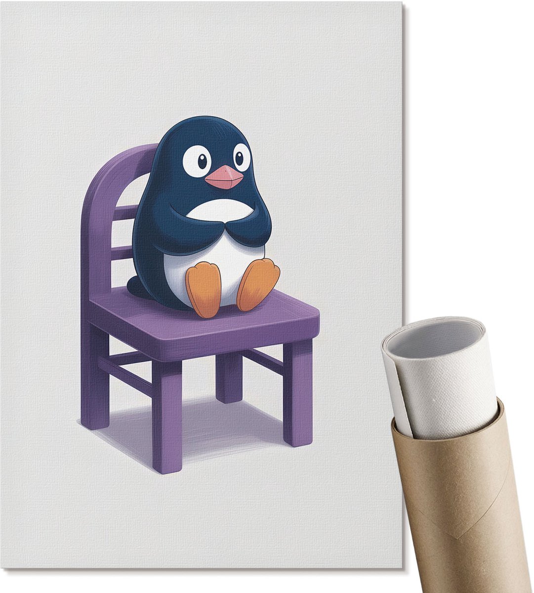 Coloray Polycanvas Poster - Pinguïn Op Een Stoel, Illustratie - A4 - Paars Kunst - Rechthoek - Kunstposter - Woonkamer, Slaapkamer, Kantoor - Kinder
