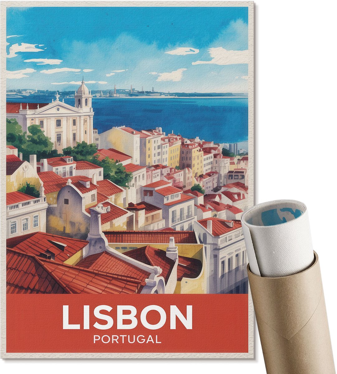 Coloray Polycanvas Poster - Lissabon, Portugal, Illustratie - A4 - Blauw Motief - Rechthoek - Kunstposter - Woonkamer, Slaapkamer, Kantoor - Retro