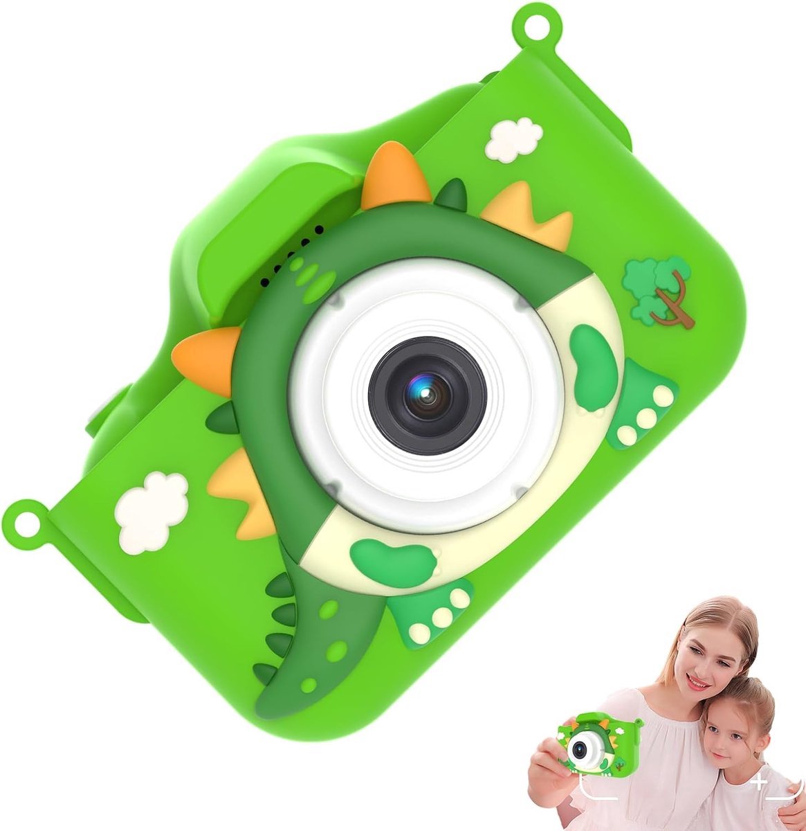 casalora - Kids digitale camera HD 1080p - kindercamera - Selfie Camera - Speelgoedcamera - Vlogcamera - 64GB sd kaart - Creatief Speelgoed - Vanaf 3 tot 12 Jaar - Groen Cartoondraak