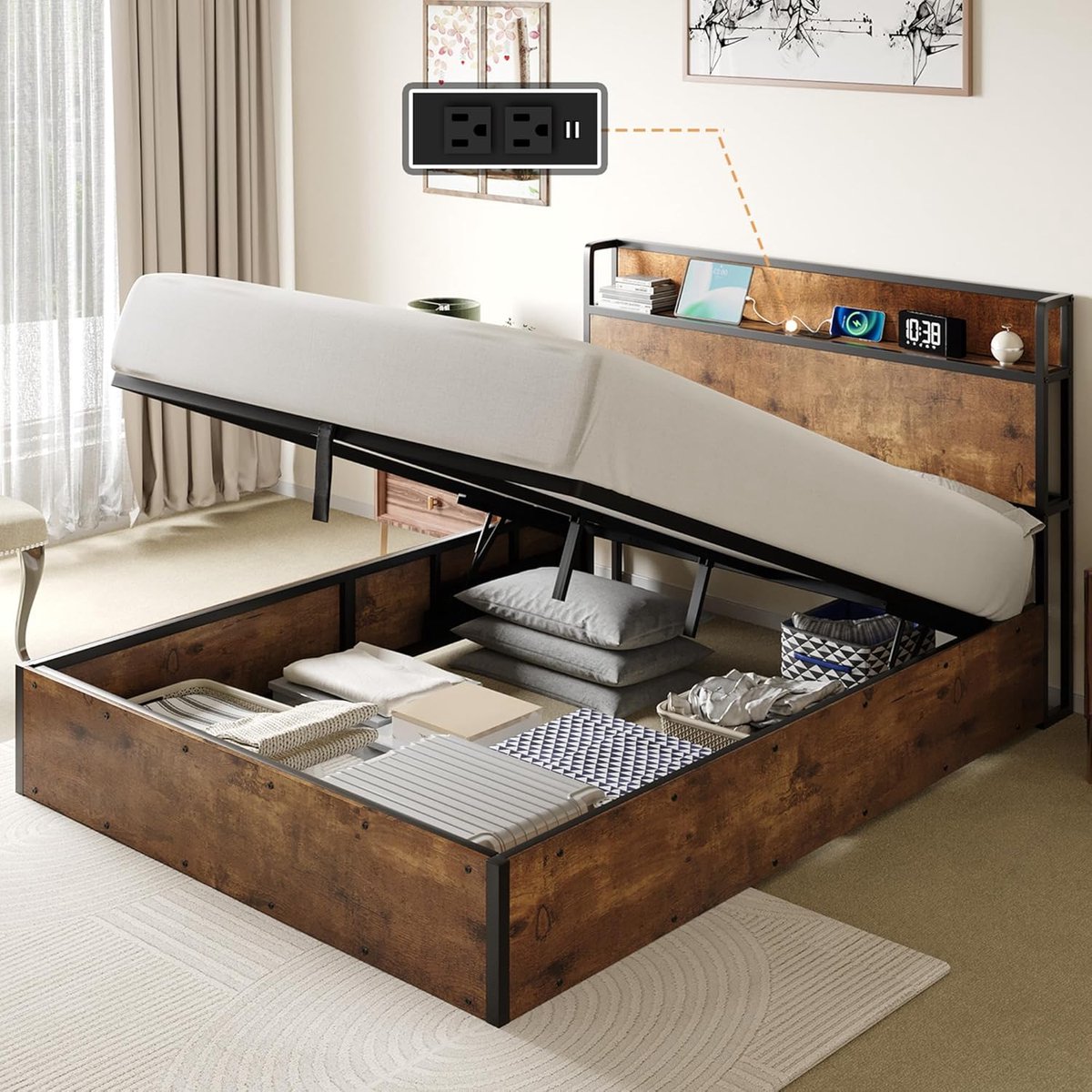 Ledikant 160x200 cm - Industrohome opbergbed met hydraulisch liftsysteem en oplaadstation in kopstuk, metalen frame met houtlook - Bruin