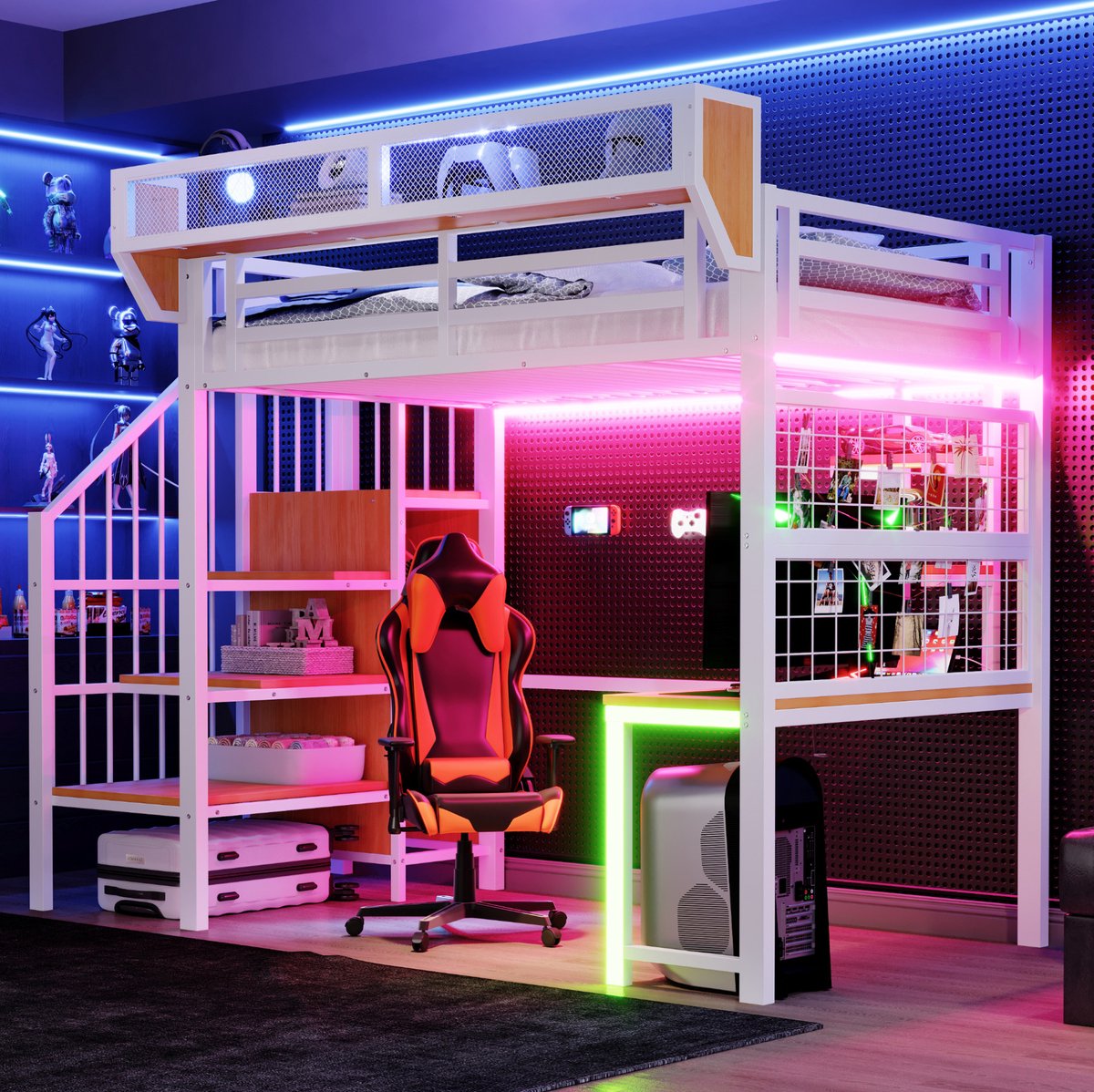REDOM Hoogslaper - Met bureau en opbergruimte - Veiligheidsladder - LED-verlichting en stekkerdoos - Moderne stijl - Slaapkamer - MDF en Metaal - Wit - 90 x 200 cm