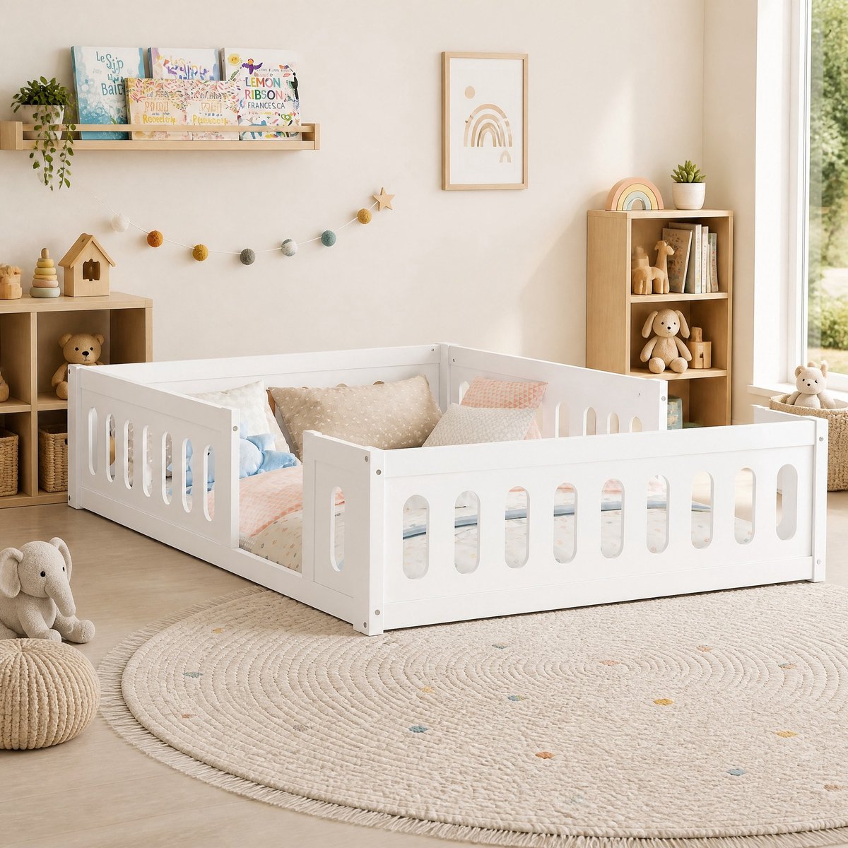 REDOM - Kinderbed - Platformbed met uitvalbeveiliging - Lage vloerconstructie - Eenvoudige montage - Voor kinderkamer - Hout en MDF - Wit - 140 x 200 cm