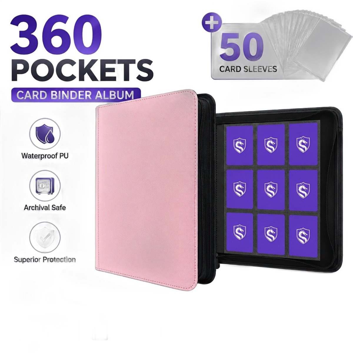 Currero Toploader Binder - Verzamelmap Kaarten - Geschikt voor Pokemon - 4 Pocket - 9 Pocket - 12 Pocket - Trading Card Map - Toploadermap - Roze+50 Kaarthoezen