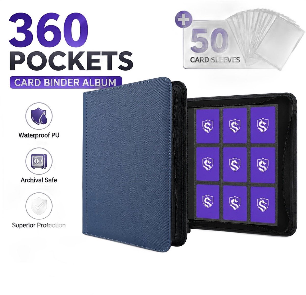 Currero Toploader Binder - Verzamelmap Kaarten - Geschikt voor Pokemon - 4 Pocket - 9 Pocket - 12 Pocket - Trading Card Map - Toploadermap - Blauwe+50 Kaarthoezen