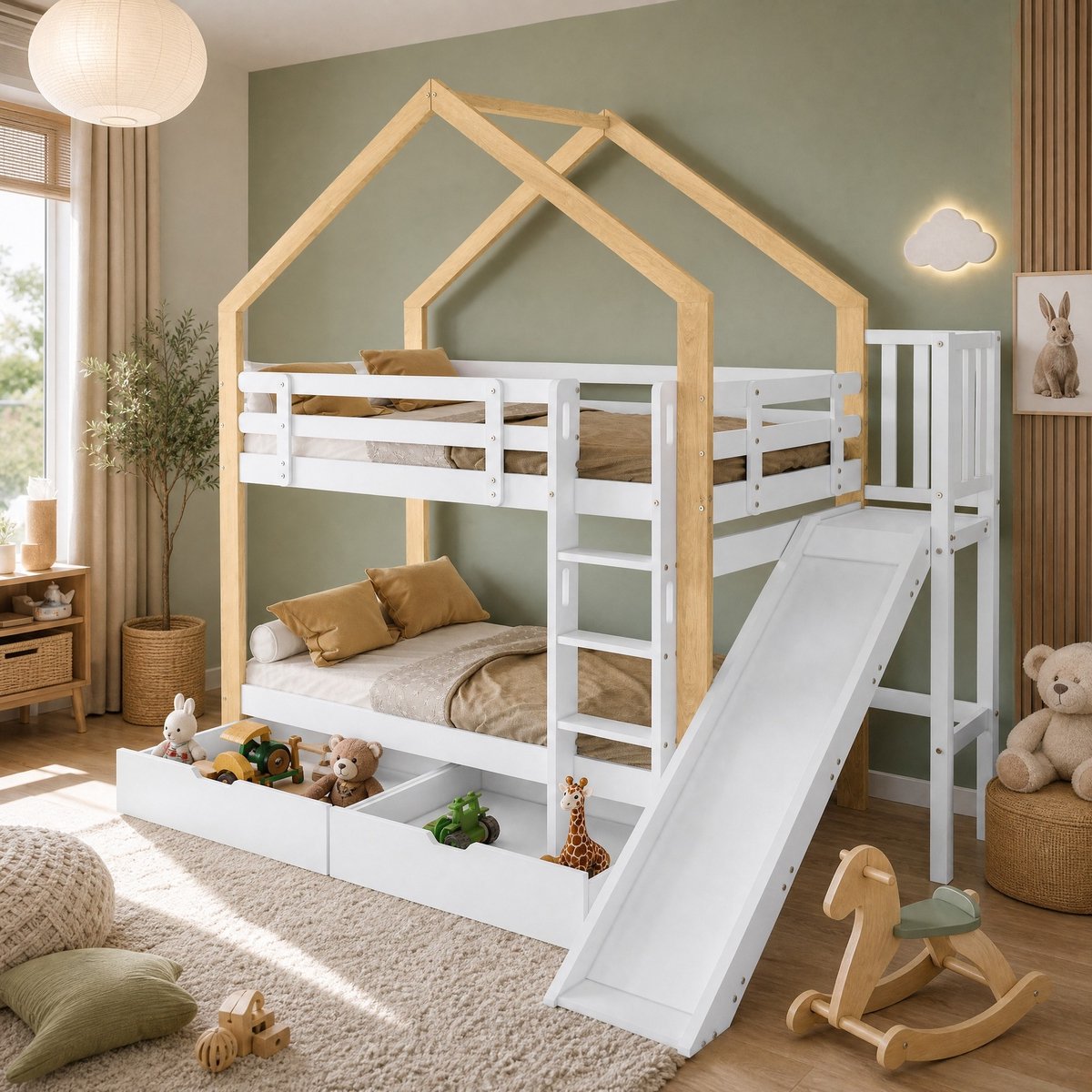 REDOM - Stapelbed voor kinderen - Huisvorm met glijbaan en 2 opberglades - 3-traps schuine ladder - Hout en MDF - Kinderkamer - Wit en naturel - 245 x 164 x 223 cm