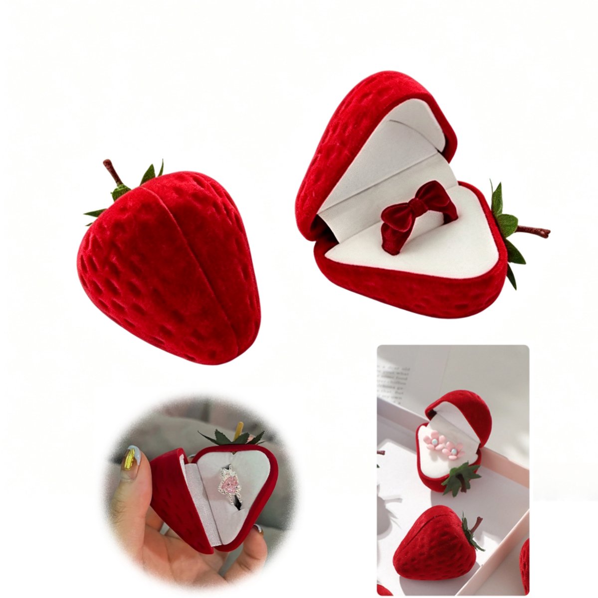 Ringdoosje - Sieradendoosje - Cadeauverpakking - Fluweel - Aardbeiendesign - Geschikt het opbergen van sieraden, als kerstdecoratie, cadeaus，als decoratie - Rood