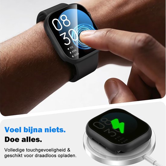 Zwarte smartwatch hoes die draadloos opladen ondersteunt en behoud van aanraakgevoeligheid biedt.