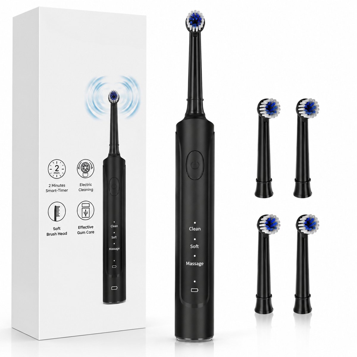 Elektrische Tandenborstel Roterend – 3 Poetsstanden – 4 Opzetborstels – IPX7 Waterdicht – USB Oplaadbaar