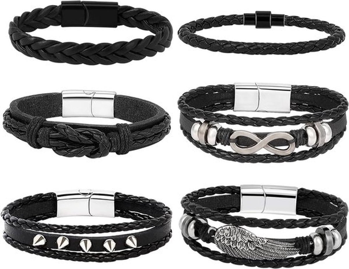 Gevlochten leren armbanden voor dames en heren - 6 stuks - verstelbare wikkelarmbanden met houten kralen
