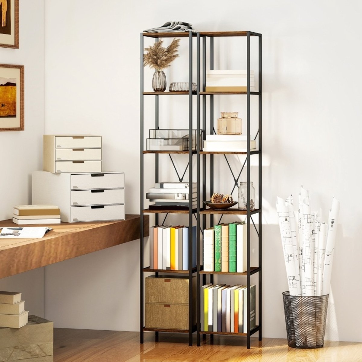 MODFU-Boekenkast-2-Delig-6-Niveaus-Industrieel-Rustiek Bruin-Staalframe