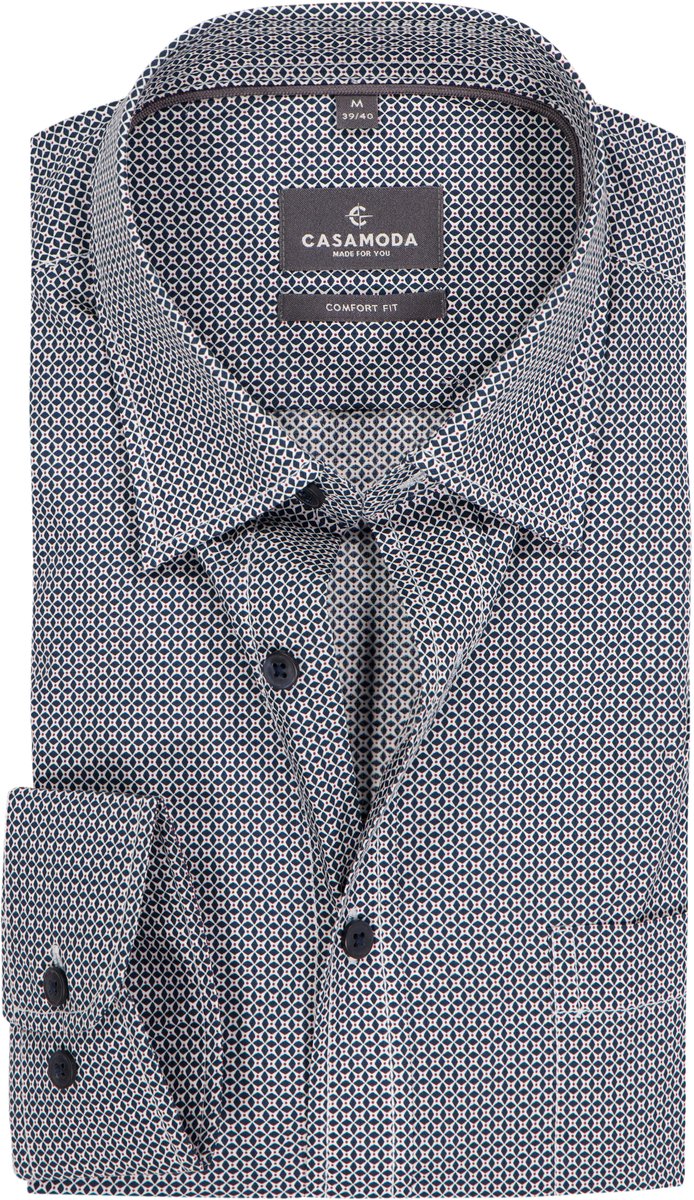 CASA MODA Sport comfort fit overhemd - popeline - donkerblauw met wit en rood dessin