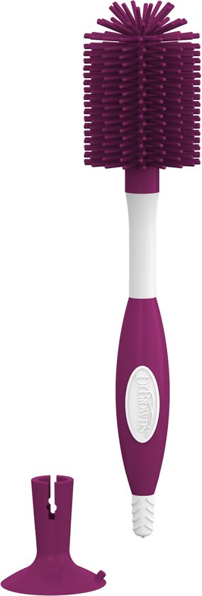 Brosse à biberon Dr. Browns violette avec manche blanc et surface de brossage en silicone violet, avec un support violet.