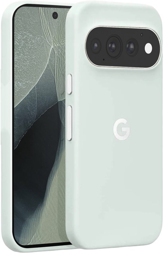 Lichtblauwe Pixel 7 Pro hoes met Google-logo en camera-uitsparing.