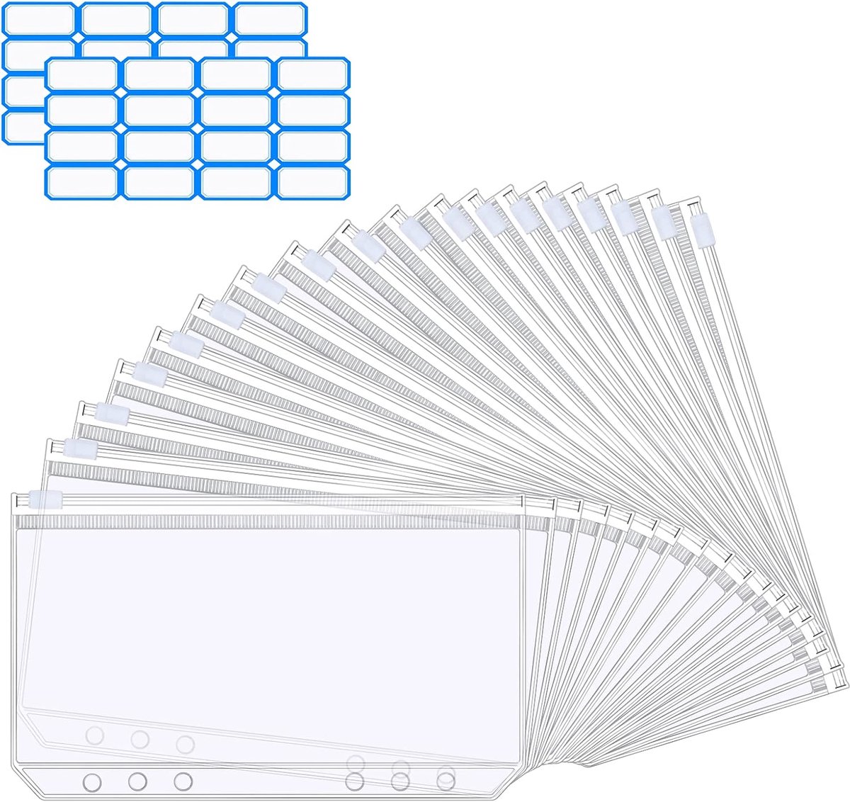 A6 Ritsmappen met labelstickers, 18 stuks, transparante PVC documentenmap, waterdicht, voor facturen, bonnetjes en meer, 17,8 x 10,5 cm