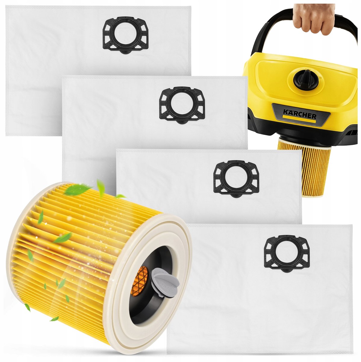 4x synthetische Karcher WD3 stofafzuigtanden + filter